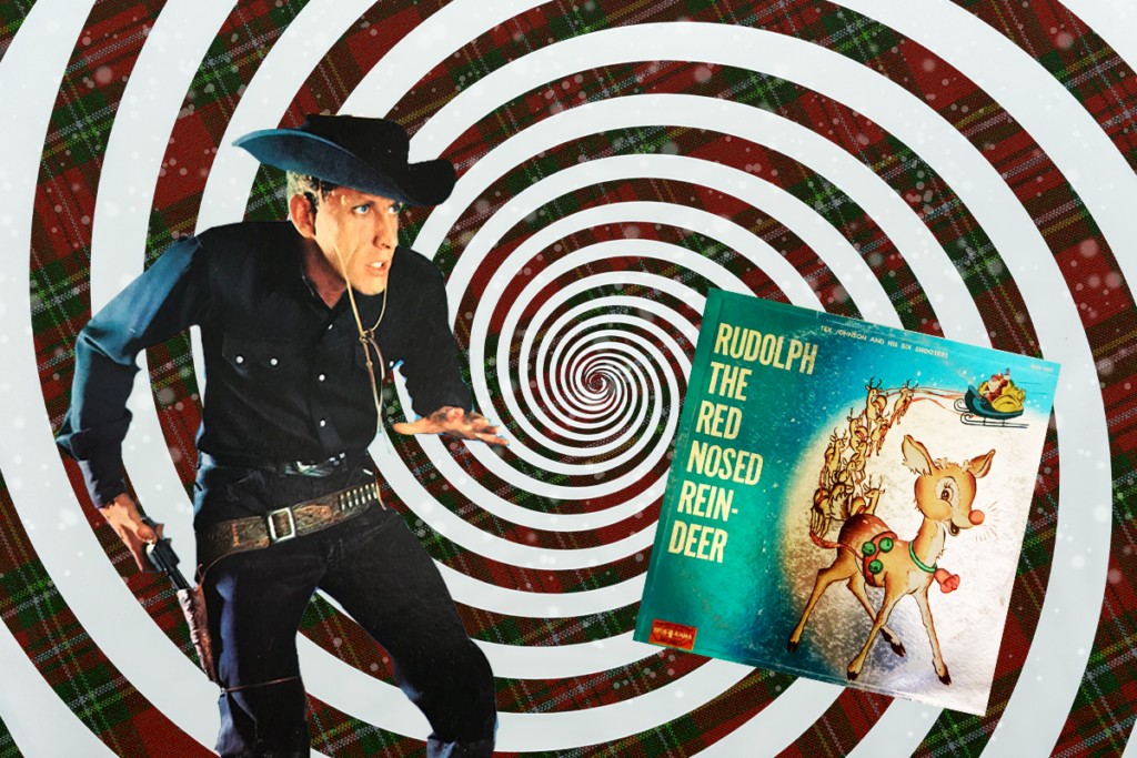 A gunsligner dressed in navy blue reaches for his gun as he looks at the album cover for Rudolph the Red-Nosed Reindeer by Tex Johnson and His Six Shooters. The two images appear in front of a swirling, hynpotic graphic that is reminiscent of the Twilight Zone.